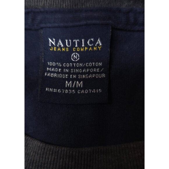 Nautica Jeans Co Mens M Blue Grey Yellow Logo Long Sleeve Heavy Spellout T-Shirt - Picture 13 of 13